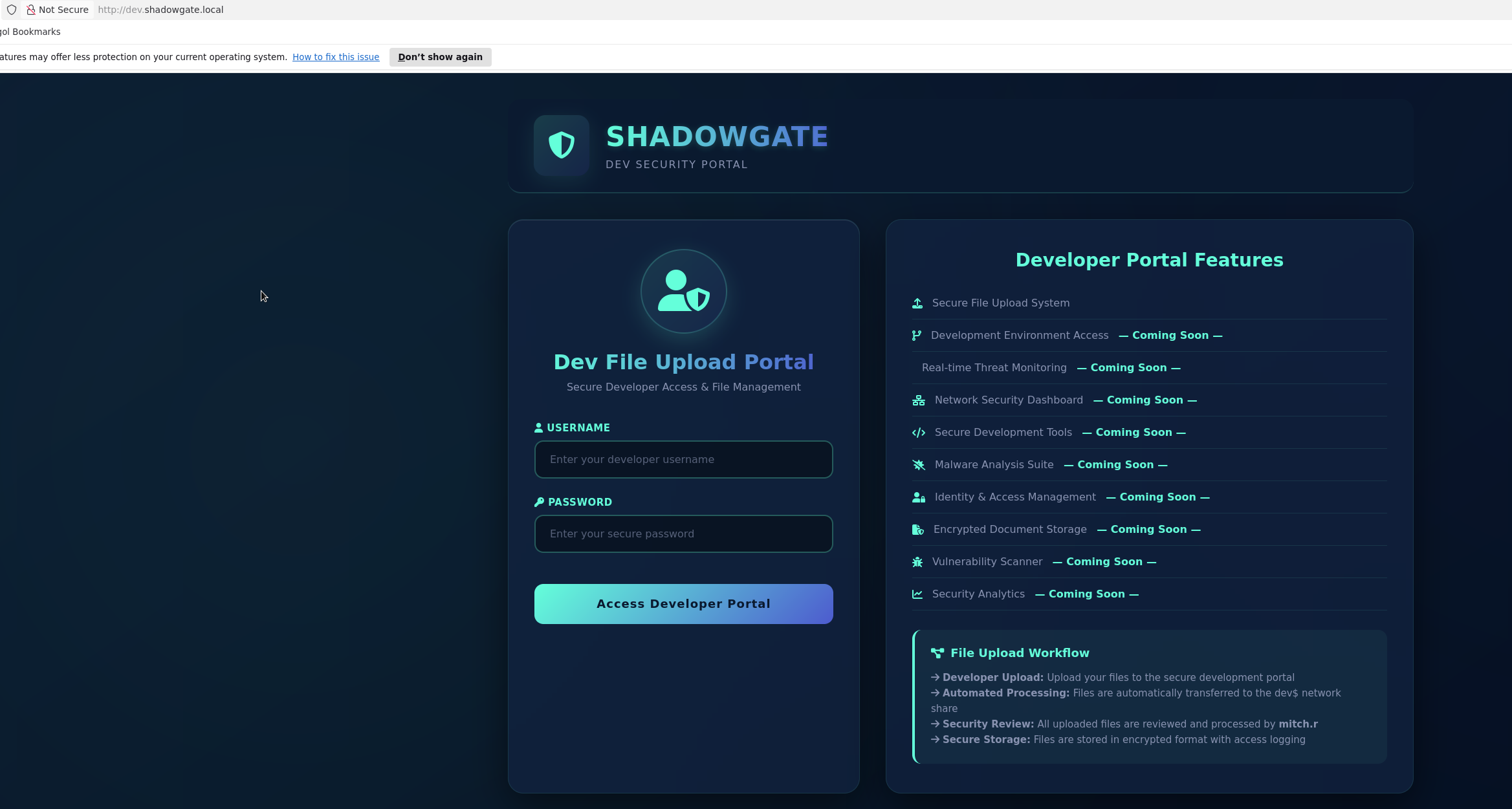 Dev File Upload Portal login page with File Upload Workflow panel